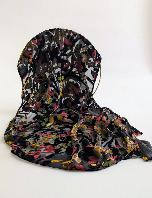 Schal aus Samt mit Blumenmuster bedruckt und als Ausbrenner, Seide/Viskose Ausbrenner, 150cm x 35cm