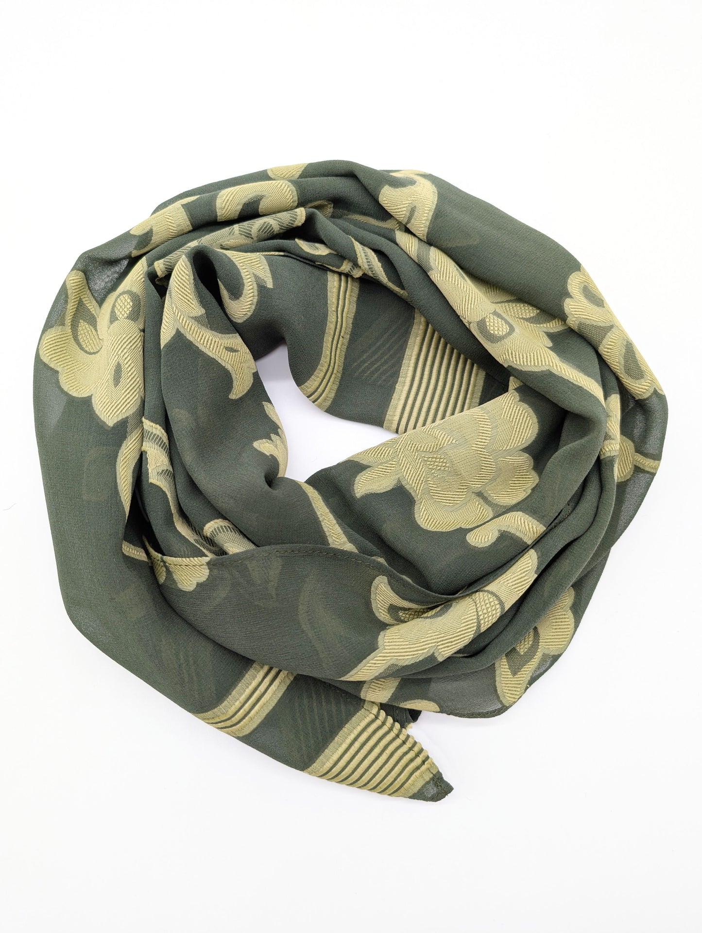 Eleganter grüner Chiffon Viskose-Seidenschal mit gewebtem floralem Barockmuster